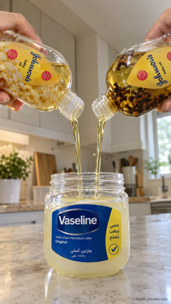 Two hands pouring golden infused baby oil from bottles into a clear jar of Vaseline with one bottle containing white ric
