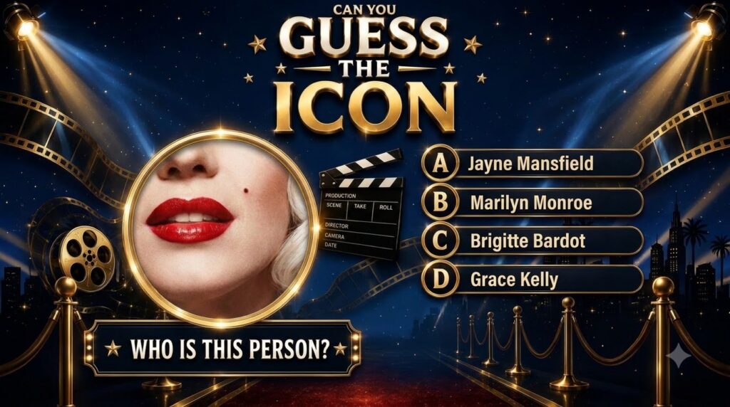 Quiz poster featuring a close-up of Marilyn Monroe s red lips beauty mark and blonde hair framed in a golden circle agai