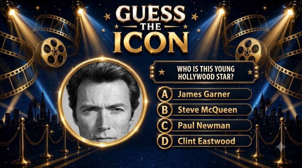 A movie-themed quiz graphic featuring a black and white headshot of a younger Clint Eastwood in a golden circular frame 