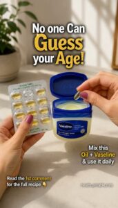 A small glass jar filled with a mixture of Vaseline and Vitamin E oil with a few Vitamin E capsules next to it