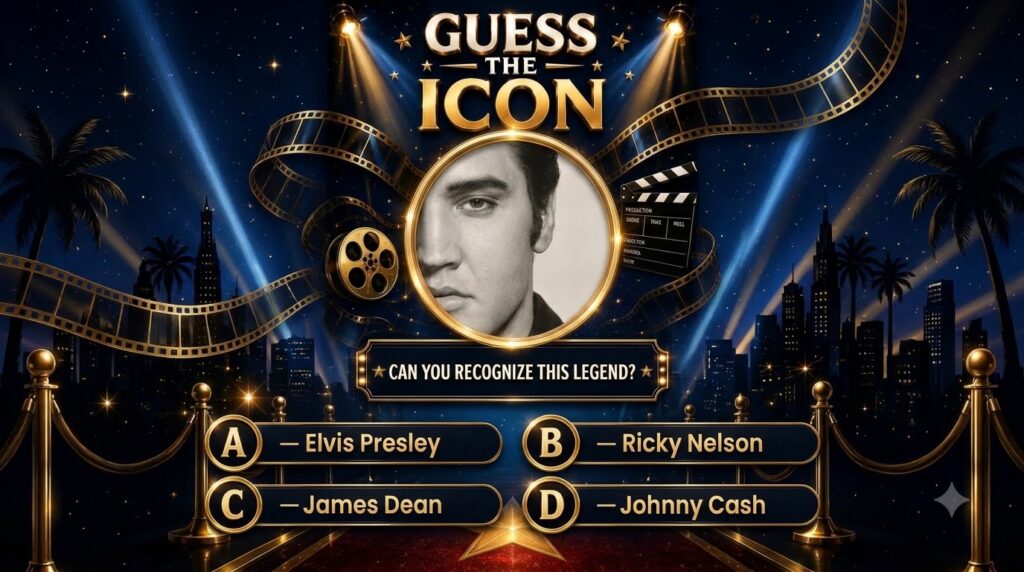 A quiz poster titled Guess The Icon featuring a partially cropped black and white photograph of Elvis Presley in a gold 