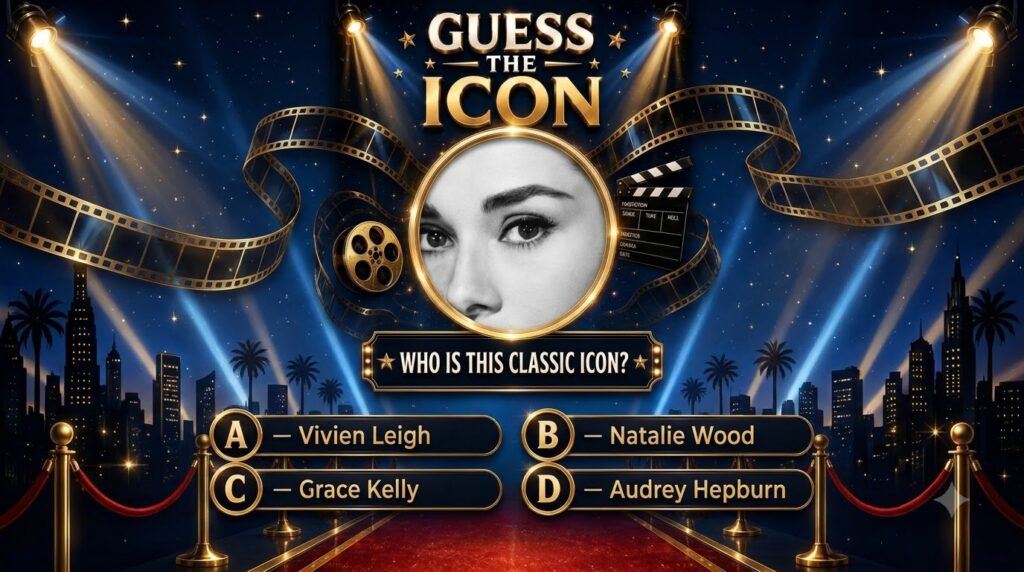 A Guess the Icon quiz poster featuring a black and white close-up of Audrey Hepburn s eyes and nose in a golden circular
