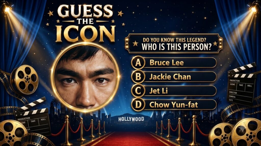 A Guess the Icon quiz card featuring a close-up of Bruce Lee s face in a golden circular frame with a dark blue cinemati