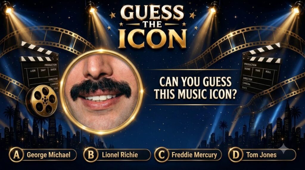 A quiz poster titled GUESS THE ICON with prominent gold lettering A circular frame in the center shows a close-up of a m
