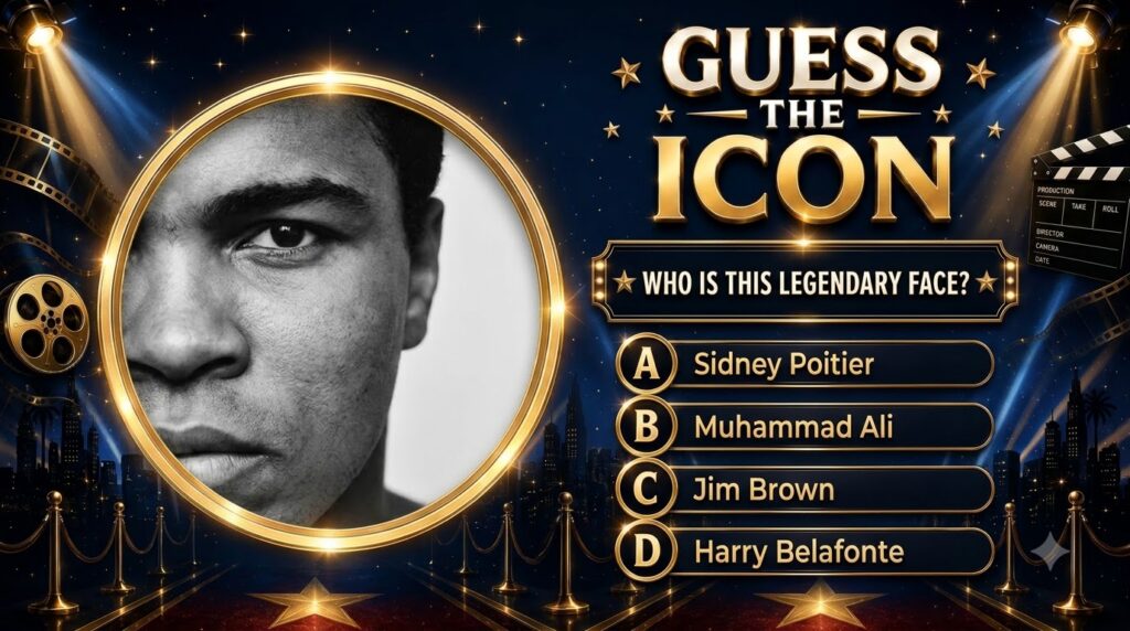 A GUESS THE ICON quiz poster featuring a black and white close-up of Muhammad Ali s face in a golden circular frame agai