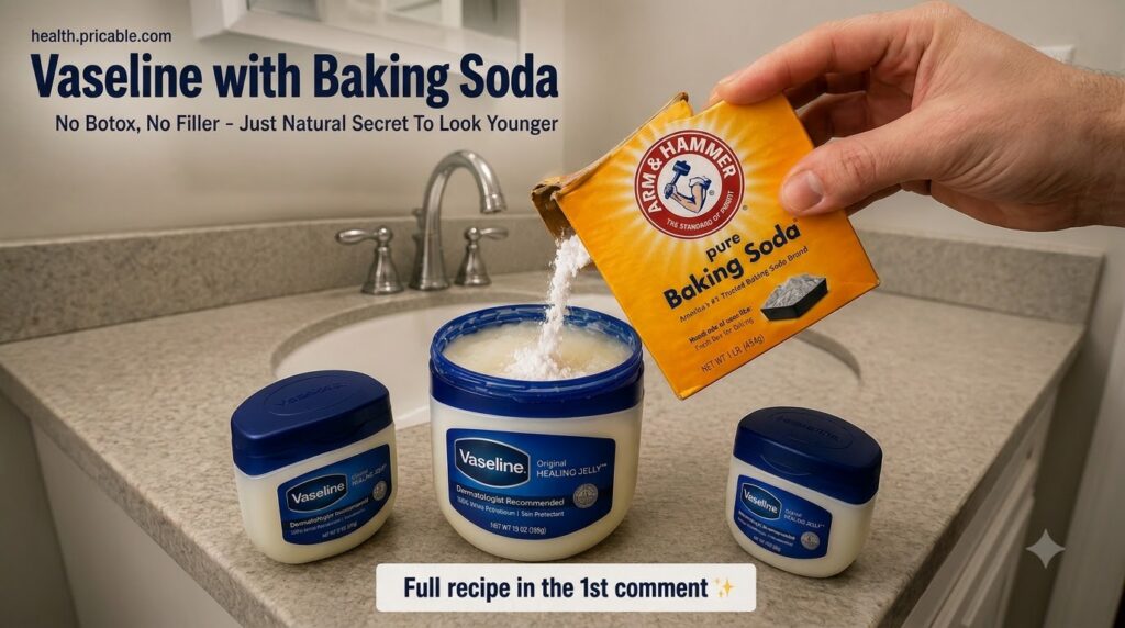 A hand pouring white baking soda from a box into a large tub of Vaseline Original Healing Jelly with smaller Vaseline tu