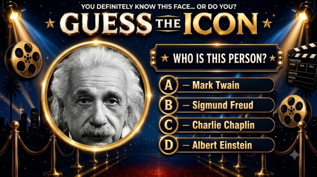 A quiz screen featuring a black and white portrait of Albert Einstein framed in gold The background is a dark blue with 