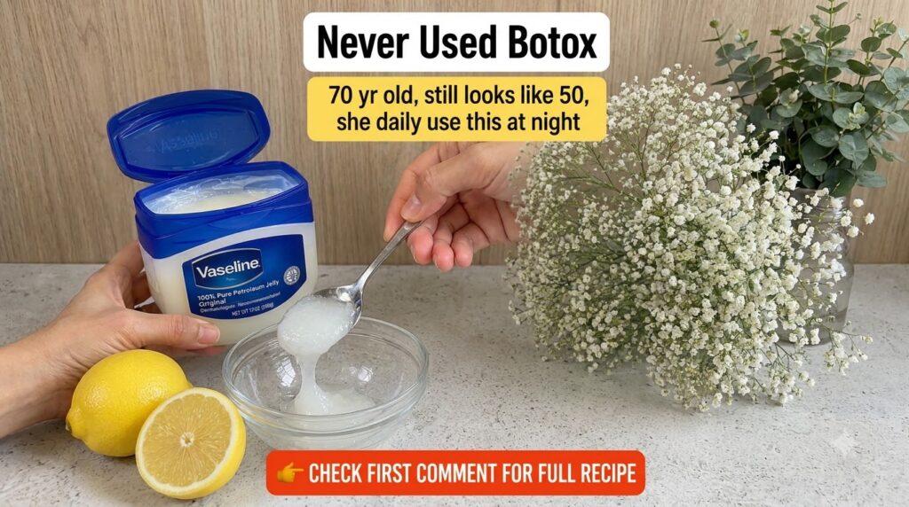 Close-up of hands mixing Vaseline and lemon in a small bowl with whole and halved lemons baby s breath and eucalyptus in