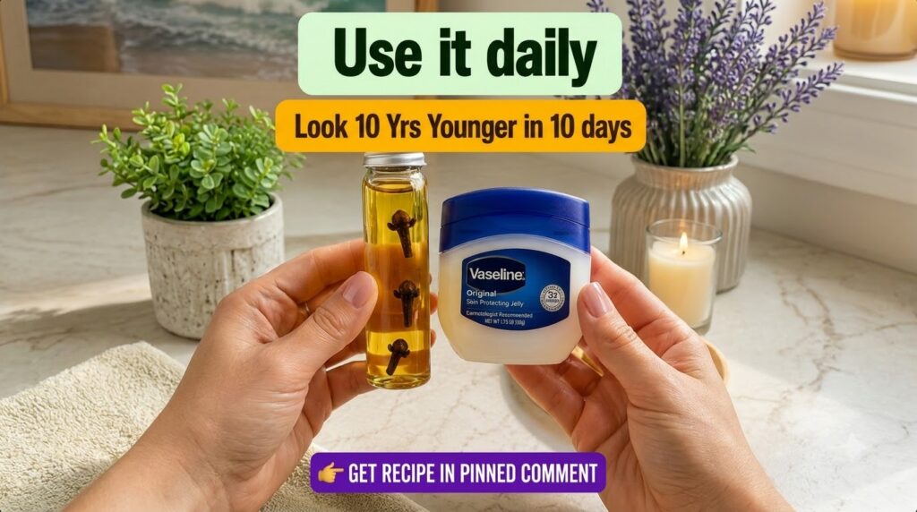 Close-up of hands holding a small glass bottle with oil and cloves and a jar of Vaseline Original Skin Protecting Jelly 