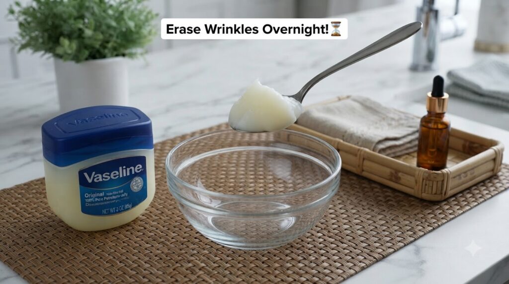 A jar of Vaseline Original Petroleum Jelly an empty clear glass bowl and a spoon holding a dollop of petroleum jelly abo