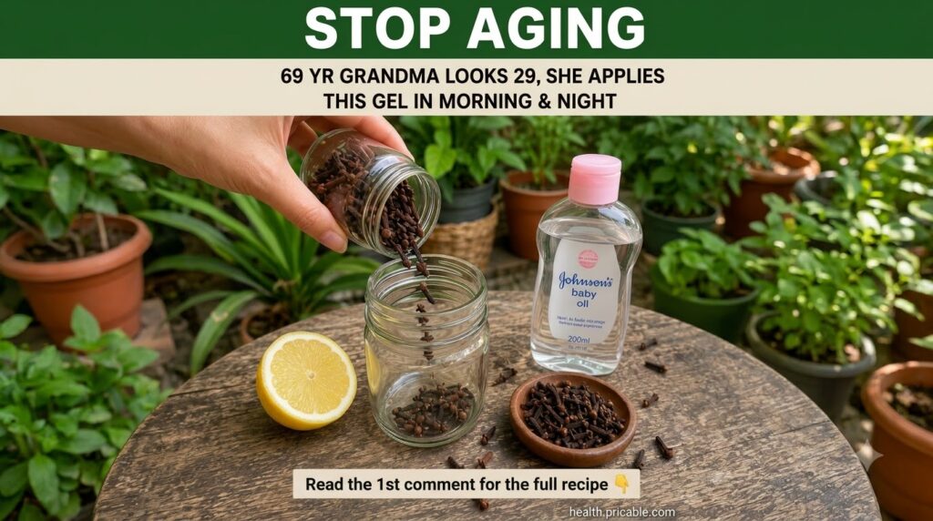 A hand pouring dried cloves from one glass jar into another on a rustic wooden table with a halved lemon a bottle of Joh