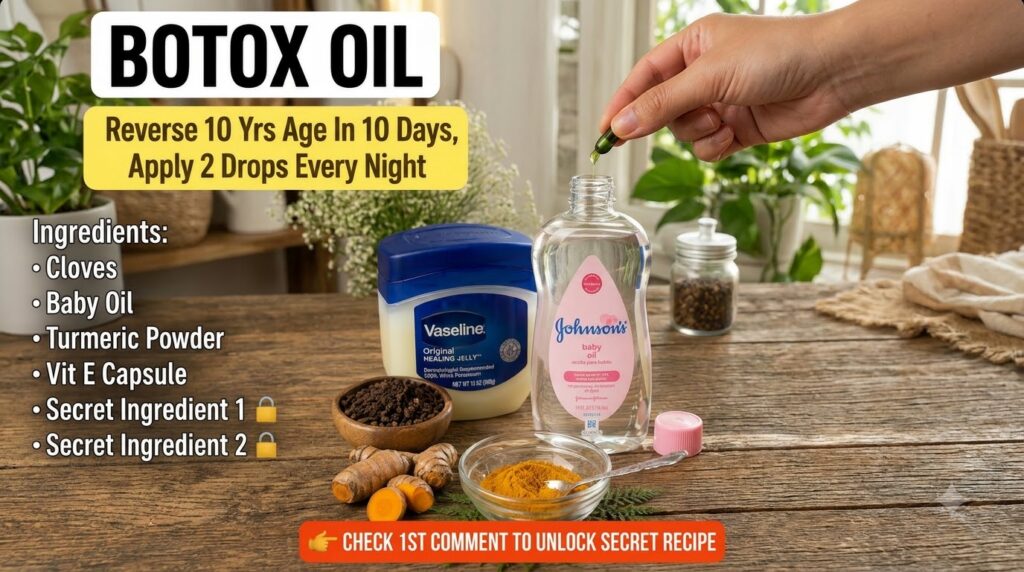 Ingredients for homemade Botox Oil including baby oil cloves turmeric a capsule being dispensed and Vaseline laid out on