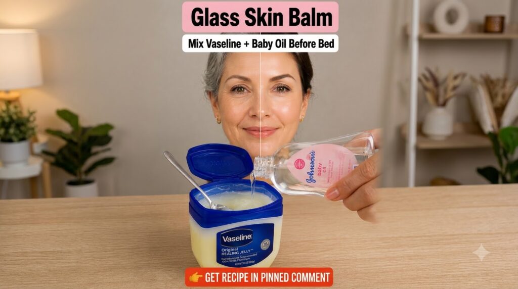 A close-up of a hand pouring Johnson s baby oil into a small tub of Vaseline with a spoon inside illustrating the mixing