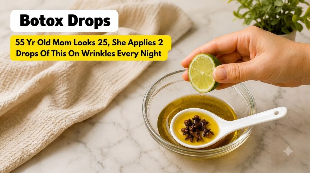 A hand gently squeezing a lime half with a drop of liquid falling into a clear glass bowl containing golden oil and seve
