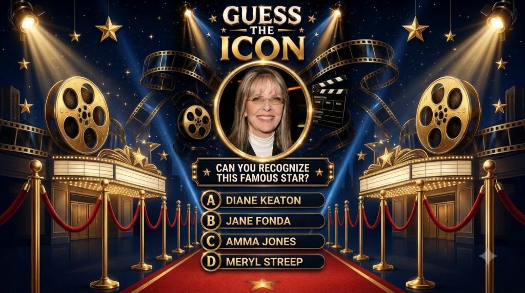 A game show-style graphic titled GUESS THE ICON featuring a headshot of Diane Keaton in a golden circular frame surround