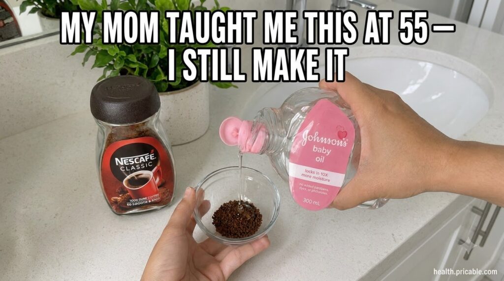Hands mixing instant coffee granules and baby oil in a small glass bowl on a bathroom counter creating a thick paste The