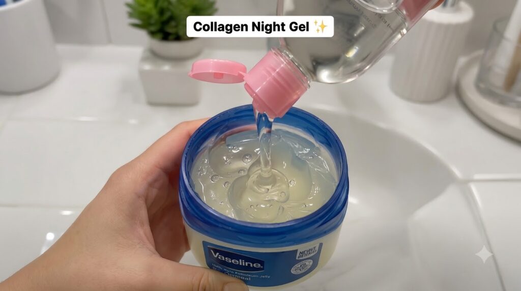 A clear viscous gel being poured from a bottle with a pink cap into a blue-rimmed tub focusing on the pouring action and