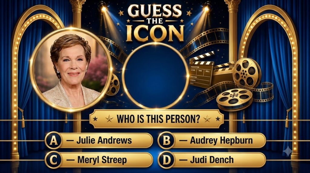 A Guess the Icon quiz featuring a circular portrait of Julie Andrews against a dark blue Hollywood glamor background wit