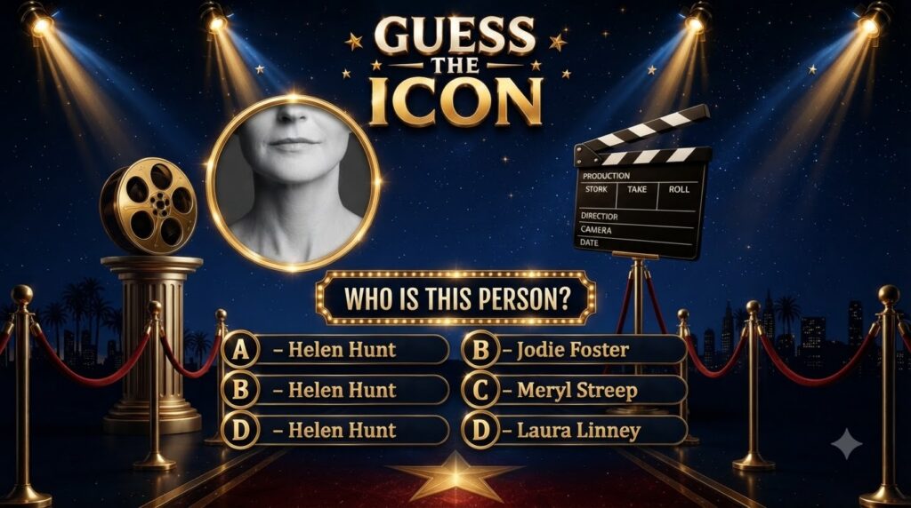A Guess the Icon quiz graphic featuring a black and white close-up of a woman s lower face in a prominent golden circula