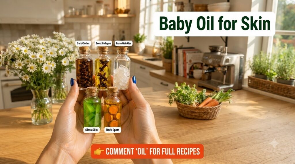 Two hands holding five small glass bottles each infused with natural ingredients like coffee beans cloves crystals aloe