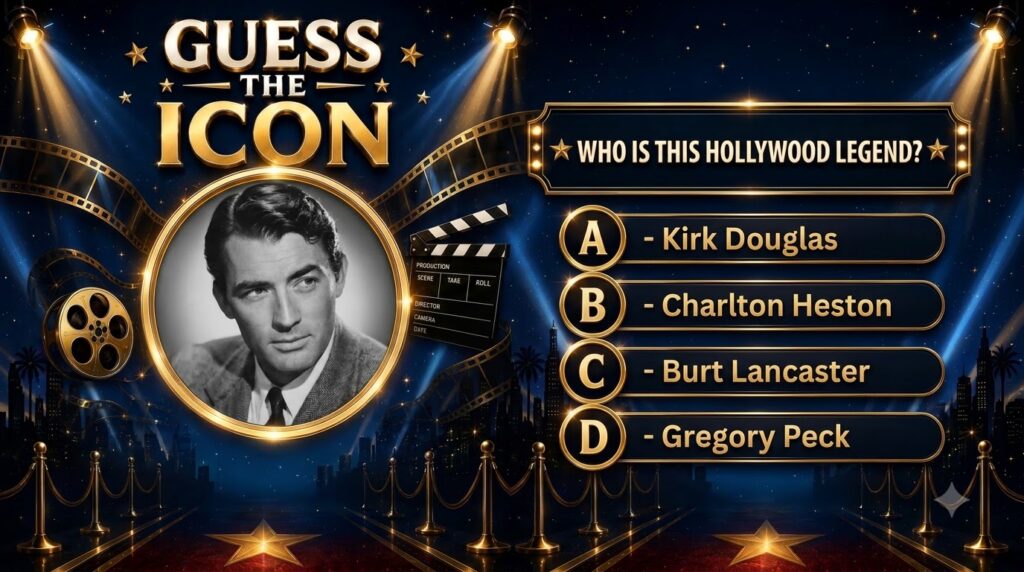 A GUESS THE ICON trivia game graphic featuring a black and white portrait of Gregory Peck in a golden circular frame set