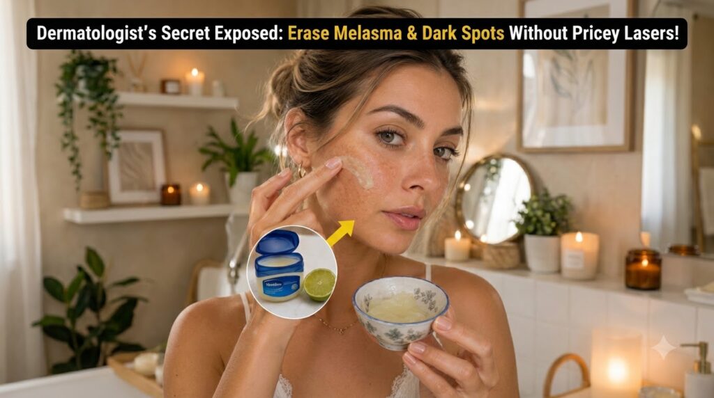 A young woman applying a creamy substance to her cheek with a small bowl Vaseline and a lime in the foreground
