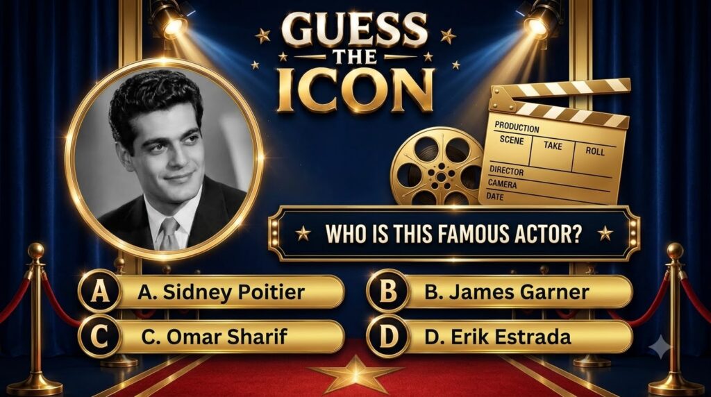 A vibrant quiz poster titled GUESS THE ICON featuring a black and white portrait of a smiling Omar Sharif with multiple-