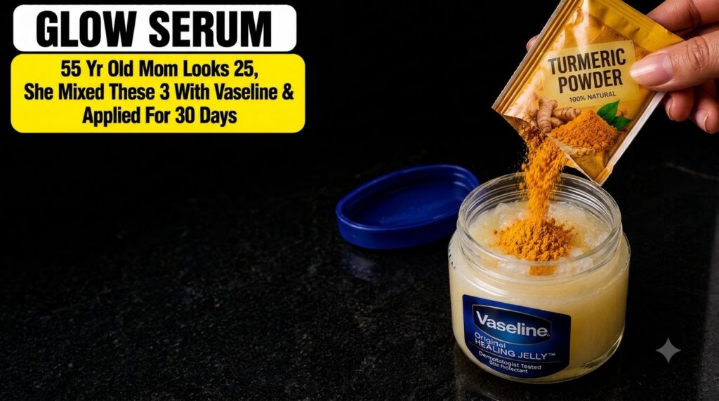 A hand pouring vibrant yellow turmeric powder from a packet into a clear glass jar containing Vaseline jelly The turmeri