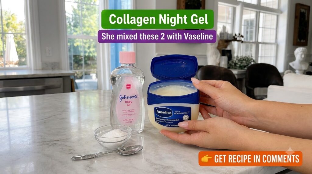 Flat lay of ingredients for DIY collagen night gel on a light marble surface showing a bottle of Johnson s baby oil a sm
