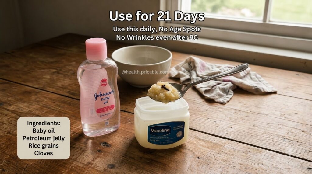Ingredients for a DIY skincare recipe on a rustic wooden table including Johnson s baby oil Vaseline mashed rice with cl
