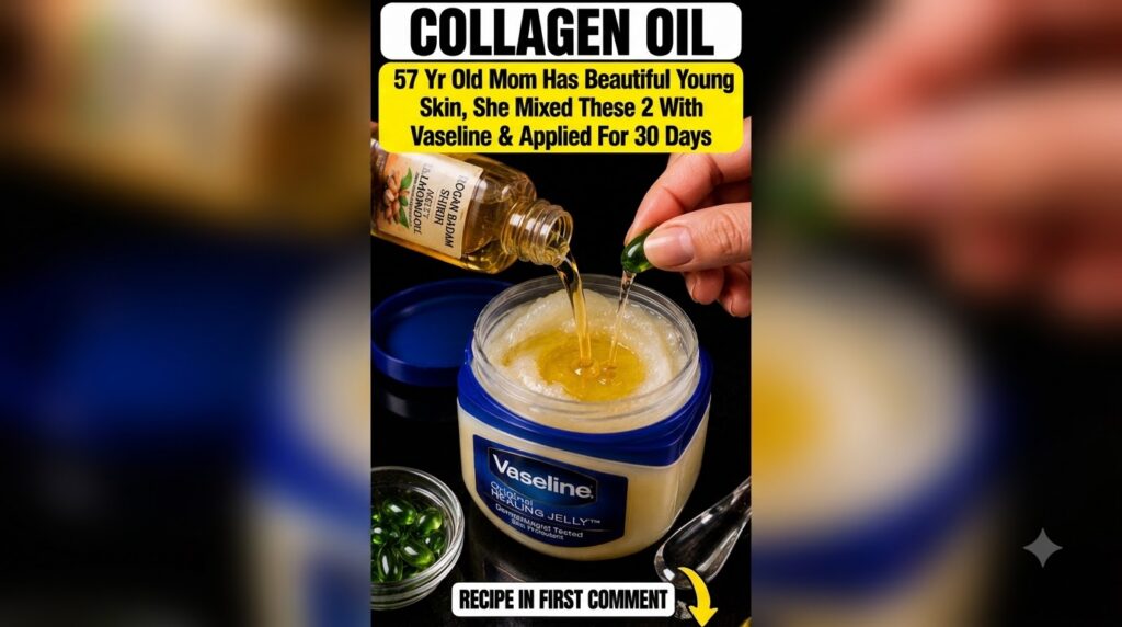 A hand pouring sweet almond oil from a bottle and squeezing a green liquid-filled Vitamin E capsule into a small jar of 
