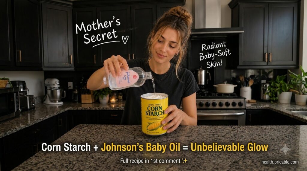 A woman s hands pouring baby oil into corn starch preparing a DIY beauty recipe in a kitchen