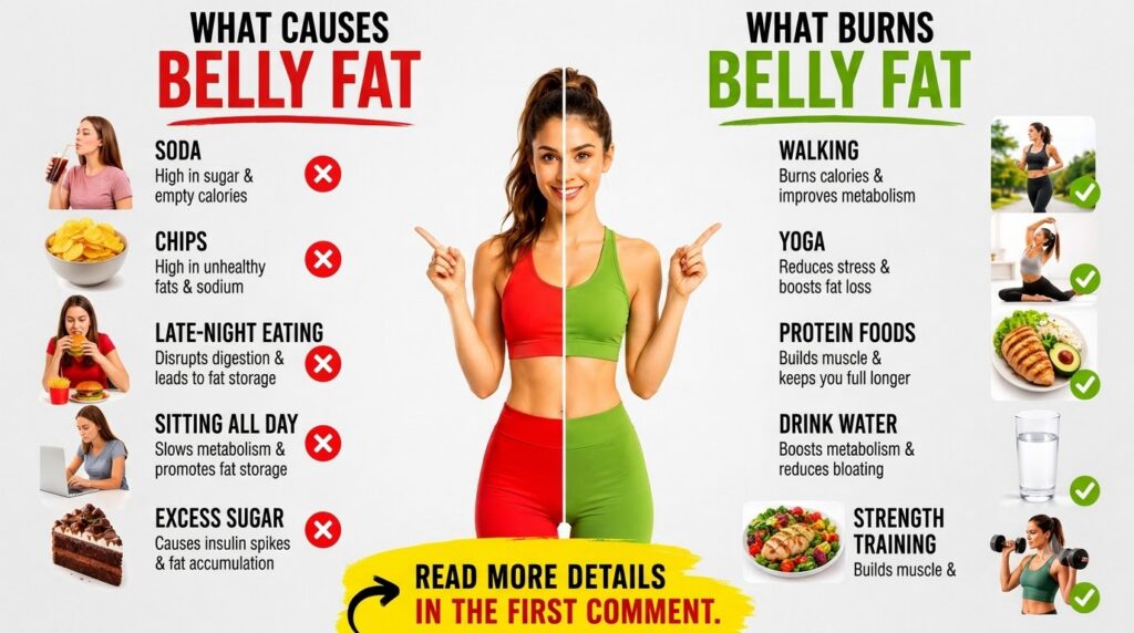 An infographic visually comparing WHAT CAUSES BELLY FAT left red side with WHAT BURNS BELLY FAT right green side with a 