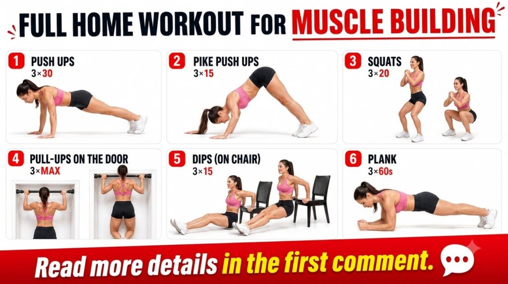 An infographic showing six distinct bodyweight exercises for muscle building each demonstrated by a woman in athletic we
