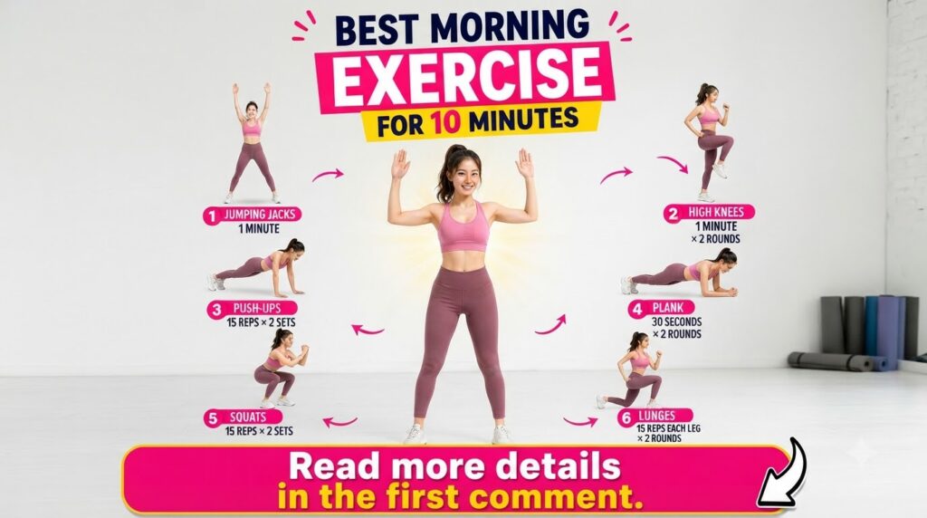 A vibrant infographic featuring a smiling woman in activewear surrounded by illustrations of six simple bodyweight exerc