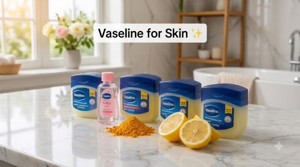 A beautiful flat lay of Vaseline products petroleum jelly tubs baby oil bottle with natural ingredients like vibrant tur