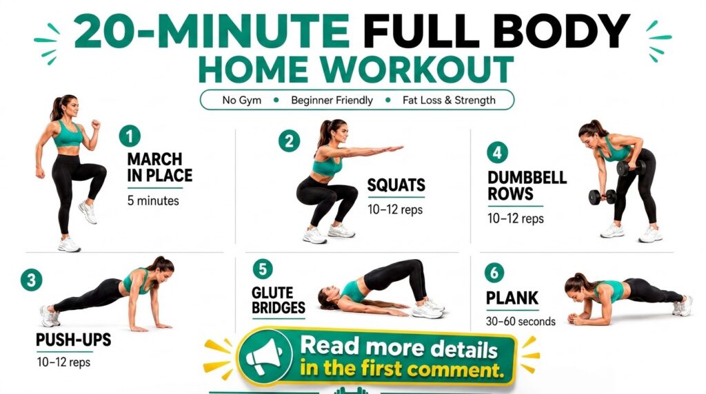 An infographic showing a 20-minute full-body home workout routine with six exercises demonstrated by a woman March in Pl
