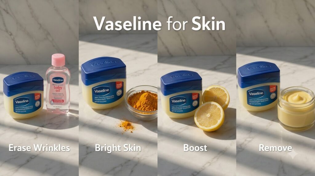 A four-panel grid showcasing various applications of Vaseline for skin each panel featuring a tub of Vaseline petroleum 