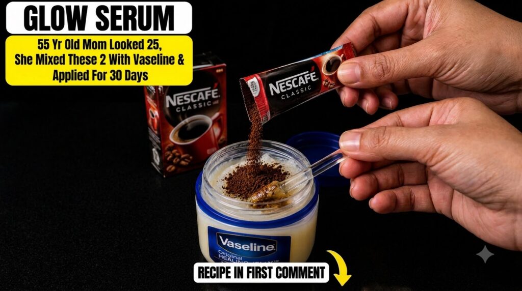 A hand pouring instant coffee granules from a sachet into a jar of Vaseline A spoon is already in the jelly A coffee box
