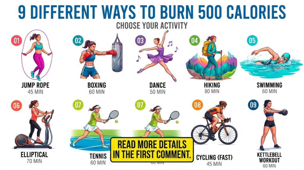 An infographic titled 9 Different Ways To Burn 500 Calories showing stylized illustrations of women doing various activi
