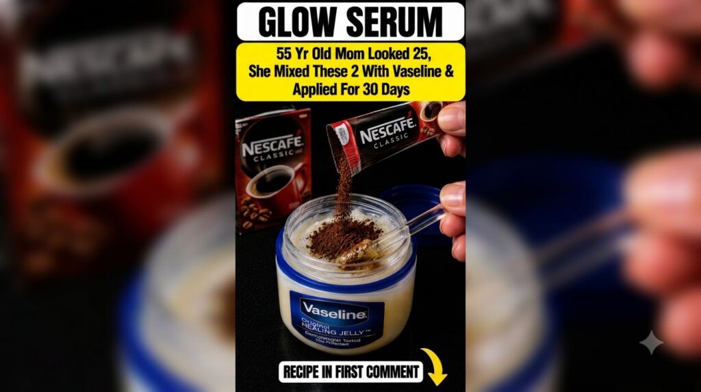 A close-up of a hand pouring instant coffee granules from a sachet into a jar of Vaseline Original Healing Jelly Another