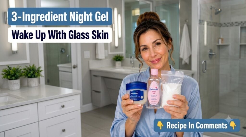 A smiling woman in a blue robe holding Vaseline Johnson s baby oil and a bag of white powder in a brightly lit bathroom