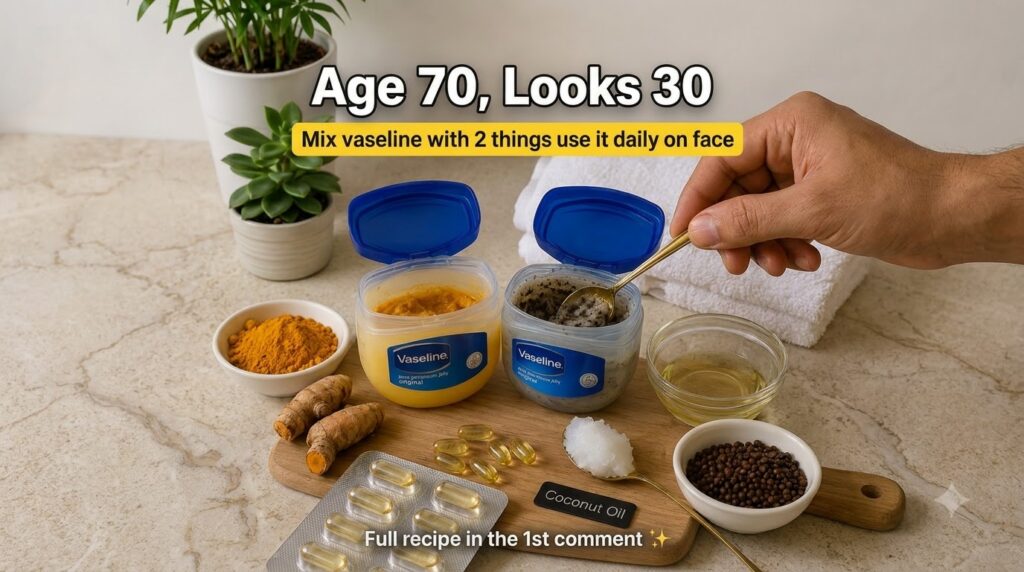 A close-up of a hand holding a golden spoon mixing a dark granular scrub in a tub Beside it another tub with a yellow tu
