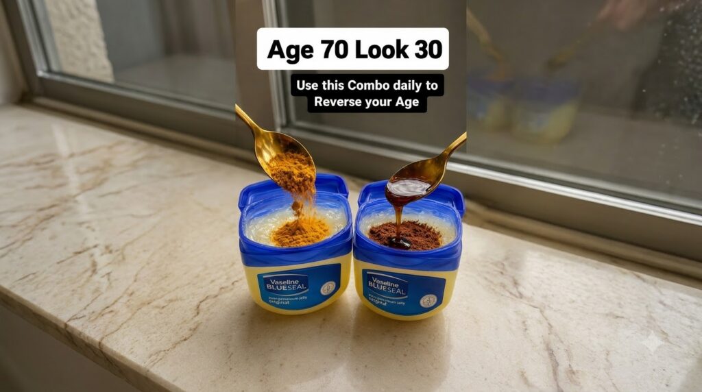 Two open containers of Vaseline with turmeric powder being poured into one and a dark liquid honey into another from gol