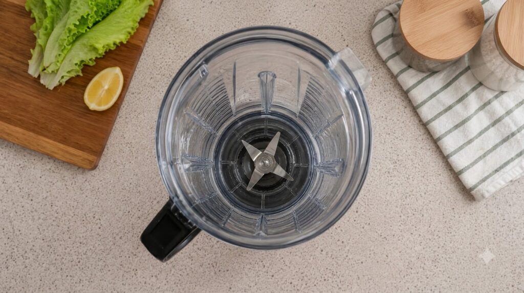 An empty clear blender jar ready for ingredients on a clean kitchen counter with fresh lettuce and a lemon slice in the 