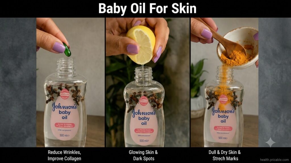 A vertical triptych showing three distinct uses of Johnson s baby oil combined with natural ingredients Each panel featu