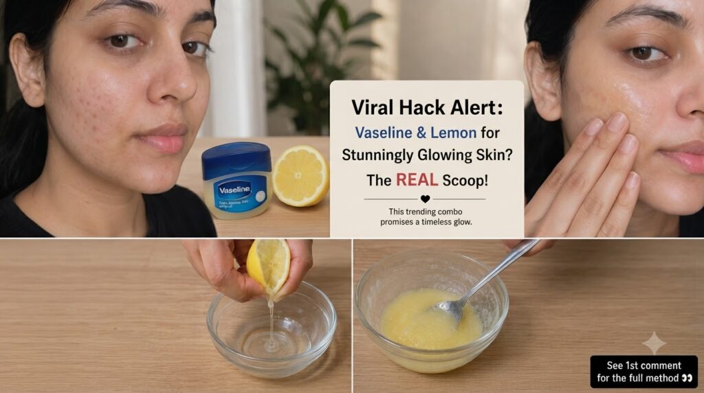 A vertical collage showcasing a viral skincare hack It features a split view of a woman s face before and after using th