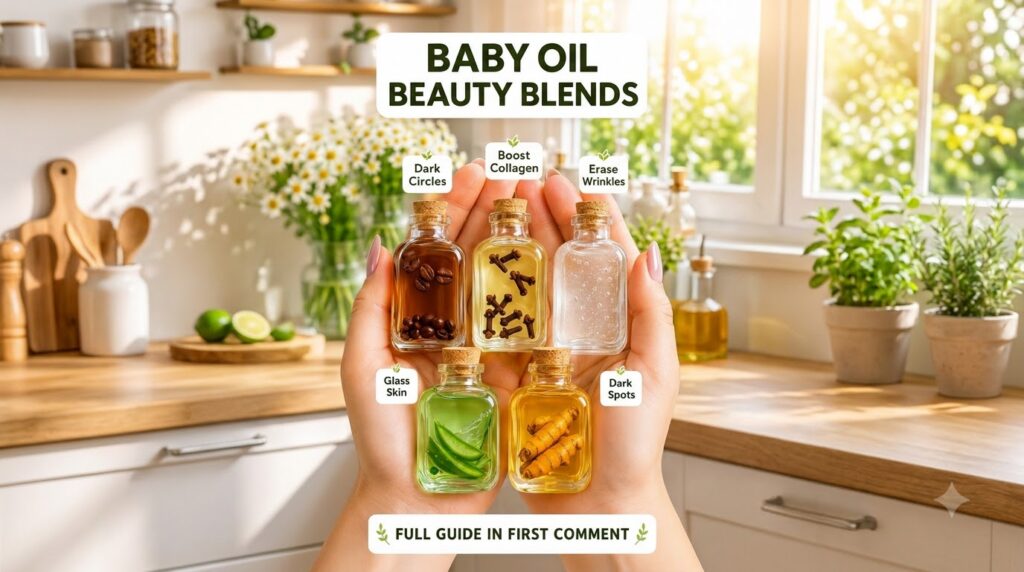 Hands holding small glass bottles with natural ingredients and labels for beauty benefits like Dark Circles Boost Collag