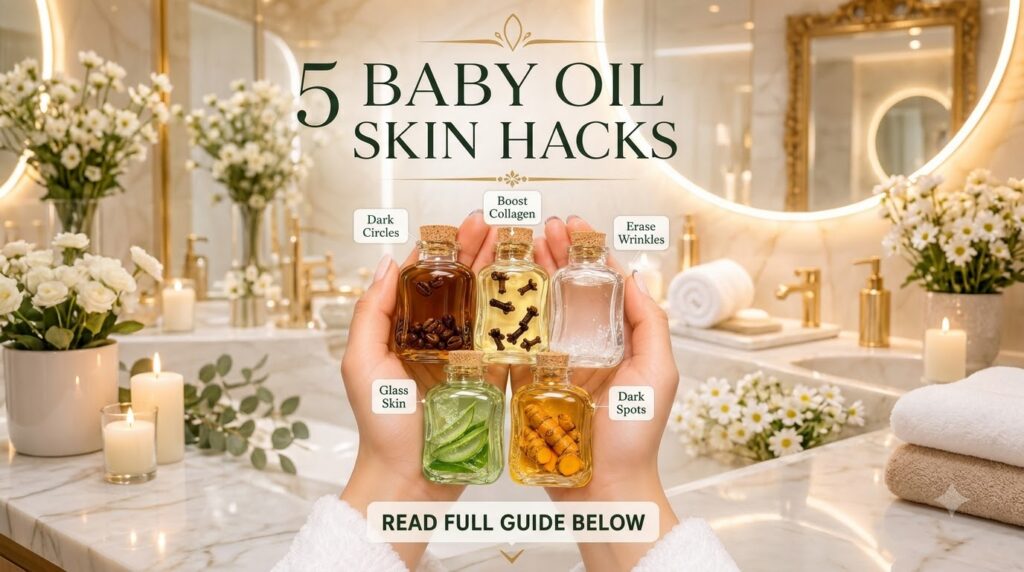 A pair of hands gently holding five small glass bottles with natural ingredients like coffee beans cloves aloe vera turm