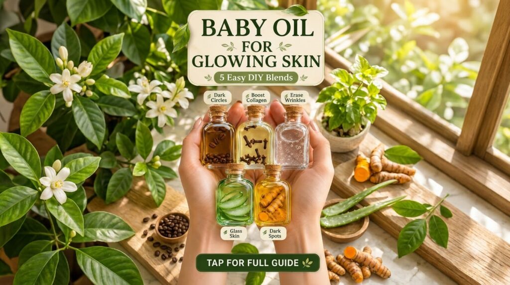 A pair of hands holding five small corked glass bottles with natural ingredients like coffee beans cloves aloe vera turm